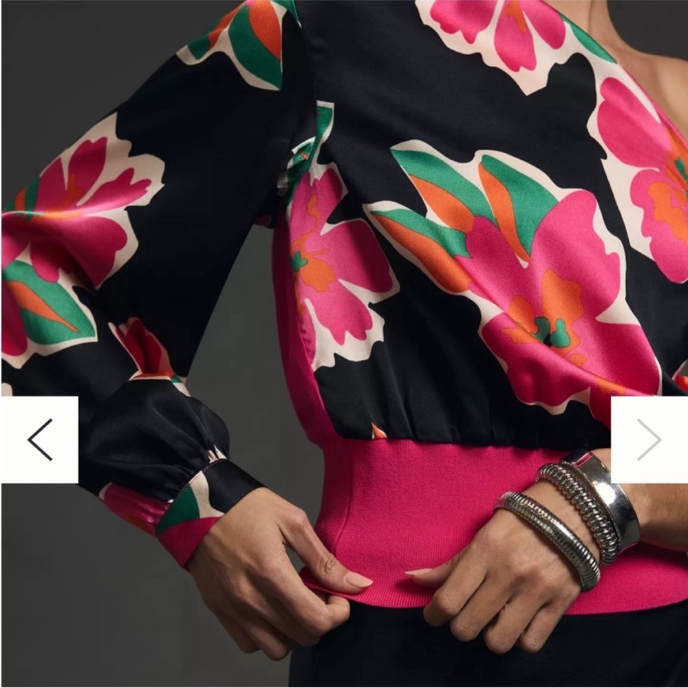 Anthropologie Fuchsia One-Shoulder Floral Blouse